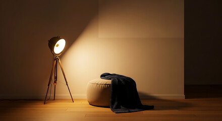 A minimalist interior scene featuring a tripod floor lamp illuminating a corner with a plush ottoman draped with a dark blanket.