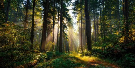 Sunlight streams through a dense forest