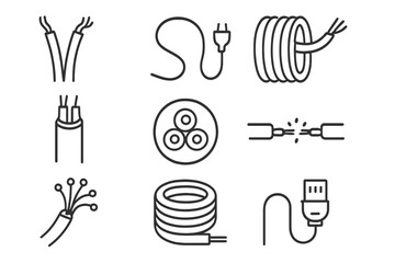 Wire and Cable Line Icon Set, Electrical Connection Symbols, Outline Style Vector Cartoon Illustration, Transparent Background, Organized Electrical Wiring Icons