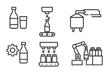 Beverage production and packaging line icon set. Vector symbols for factory automation, bottling plant, conveyor system, filling process, and robotic arm technology for drinks.