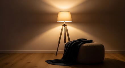 A cozy interior scene featuring a tripod lamp casting warm light on a dark room.