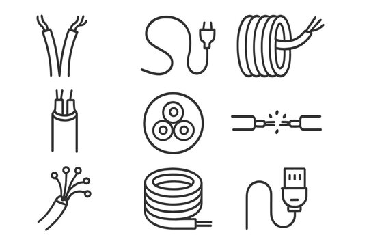 Wire and Cable Line Icon Set, Electrical Connection Symbols, Outline Style Vector Cartoon Illustration, Transparent Background, Organized Electrical Wiring Icons
