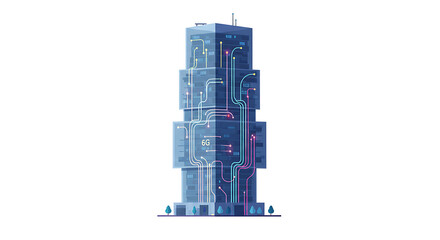 6G Technology Building Vector Illustration: Modern Data Network, Future Smart City Telecommunications, Global Connectivity Infrastructure