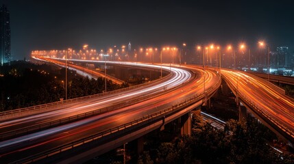 Night highway traffic flow, city lights, elevated road, urban landscape, transportation
