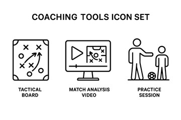 Coaching tools icon set. Line icons for sports strategy. Tactical board, match analysis video, practice session. Vector symbols for football training and team management.
