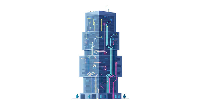 6G Technology Building Vector Illustration: Modern Data Network, Future Smart City Telecommunications, Global Connectivity Infrastructure