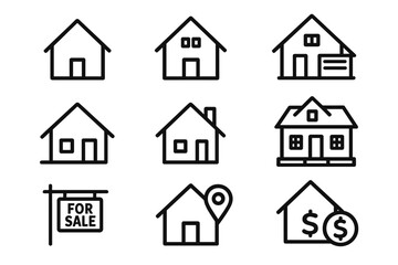 Fototapeta premium Real estate icon set with various house styles. For sale sign, home location pin, and property value symbols. Minimalist line art for mortgage, investment, and housing concepts.