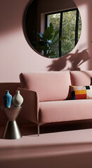 Pink living room with a modern sofa and decorative elements.