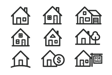 Fototapeta premium House icon set. Real estate symbol collection. Home, property, building pictogram. For sale sign, mortgage, investment concept. Simple minimalist line art vector graphic.