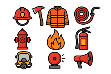 Firefighter icon set. Fire department emergency response equipment collection. Vector safety gear symbols like helmet, axe, fire hose, extinguisher, hydrant and flame icons.