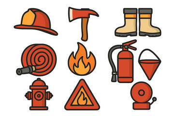 Firefighter equipment and fire safety icon set. Vector collection of emergency response symbols. Fireman helmet, axe, hose, hydrant, extinguisher and alarm cartoon icons.
