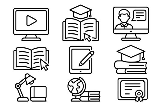 Online education and e-learning vector line icon set. Distance learning, webinar, virtual class, digital course, tutorial concepts. Graduation cap, diploma, pictogram collection.