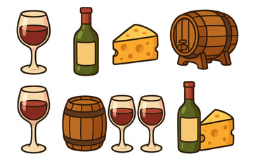 Wine and cheese tasting icon set. Vector cartoon collection. Red wine glass, bottle, wood barrel, cheese wedge. Food, drink pairing for restaurant menu, winery, party event.