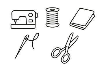 Sewing outline icon set. Tailoring and dressmaking tools. Vector graphic elements for craft and hobby. Sewing machine, thread spool, fabric, needle, and scissors symbols.