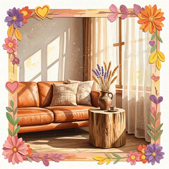 A cozy living room with a warm leather sofa and a rustic wooden table, bathed in sunlight, framed by a vibrant floral border.