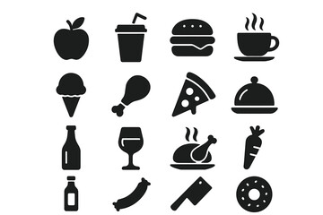 Food and beverage silhouette icons set. Solid filled culinary kitchen symbols. Vector collection for restaurant menu, cooking, fast food, drink, grocery, and web design.
