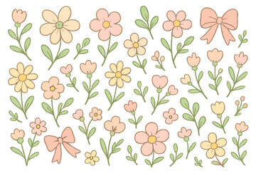 Hand-drawn floral elements set. Cute flowers, leaves, and bows in soft pastel colors. Girly cartoon doodle vector for kids, baby shower, spring design, textile, and scrapbooking.