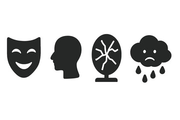 Psychology icon set for mental health concepts. Metaphor for bipolar disorder, split personality, mood swings. Symbolic emotions with happy mask, sad rain cloud, broken mirror.