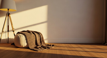 A cozy interior scene featuring a floor, a lamp, a blanket, and sunlight creating a warm atmosphere.