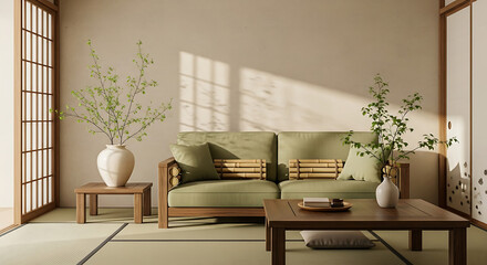 Zen interior with sofa, table, plants and sliding doors in a minimalist style.