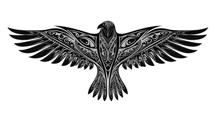Obraz premium Symmetrical Raven Design with Intricate Tribal Patterns for Artistic Projects and Decorative Purposes on Clear Space