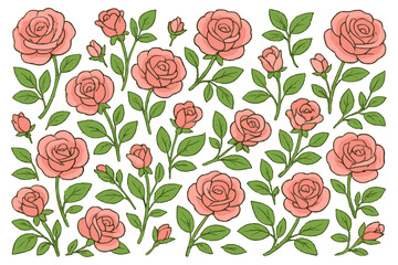 Pink rose floral pattern vector illustration set. Hand drawn botanical collection of cute cartoon flowers, leaves, and buds for spring background, textile print, or wedding invitation.