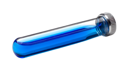 Tilted Laboratory Test Tube with Blue Liquid for Scientific Analysis and Experimentation on Transparent Background