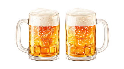 Two Mugs of Amber Beer with White Froth on a Checkered Background for Socializing and Enjoyment