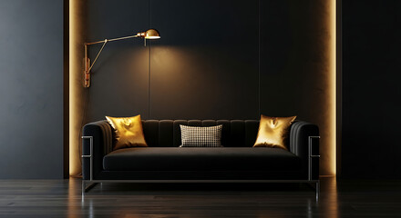 A luxurious black sofa with golden accent pillows is illuminated by a wall-mounted lamp in a dimly lit, modern room.