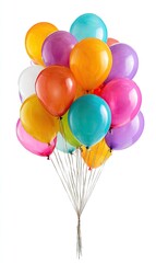 A cluster of colorful balloons, various shades of orange, purple, pink, teal, and white, tied together by thin strings against a pure white background