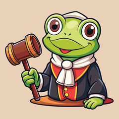cartoon frog holds a gavel confidently, serving as a wise and fair judge