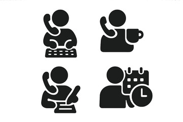 Multitasking icon set. Solid glyphs for business productivity. Person multitasking on phone call, typing, writing notes, coffee break. Time management vector symbols.