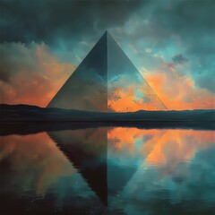 Mystical Pyramid at Sunset with Reflective Waters and Clouds