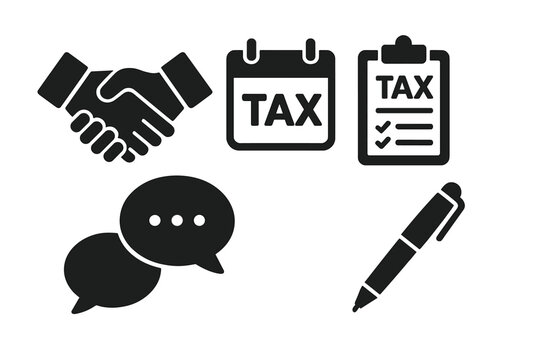 Tax consultation solid icon set. Financial advisor, accounting services, tax return filing icons. Handshake for agreement, calendar for deadline, clipboard for form. Vector glyphs.