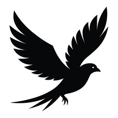 Black silhouette of a bird with wings spread in flight on white background flying