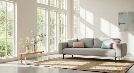 Bright and airy living room interior with a modern gray sofa and large windows overlooking a lush green garden.