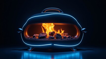 Modern glowing hearth with fiery rocks neon blue