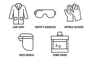 Lab safety personal protective equipment icon set. Laboratory gear line icons. Lab coat, safety goggles, gloves, face shield, fume hood. Science research vector symbols.