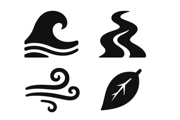 Four elements of nature icon set. Solid glyph symbols for water, air, earth concepts. Includes ocean wave, river stream, wind swirl, and leaf. Fluid natural movement vector.