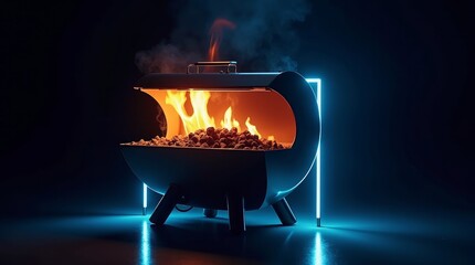 Modern grill with glowing fire and blue neon flames