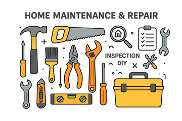 Home maintenance and repair tools icon collection. Handyman equipment for DIY project, renovation, construction. Vector toolbox, hammer, saw, wrench, screwdriver for inspection.