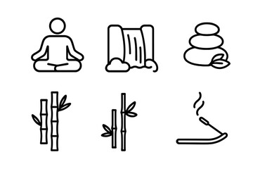 Meditation and yoga line icon set. Zen, spa, and wellness symbols. Includes lotus pose, waterfall, balanced stones, bamboo, and incense. Mindfulness and relaxation concept.