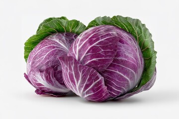 Obraz premium Two whole red cabbages with green leaves resting on white background