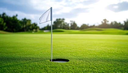 White flag on a sunny golf course with holeinone, green grass, and summer day.