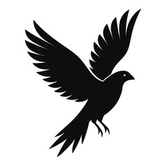 Black silhouette of a bird with wings spread wide in flight on white background flying