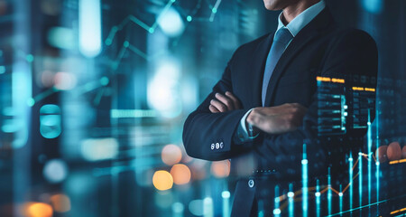 Businessman Analyzing Finance Data Graphs and Charts in Corporate Office