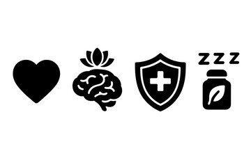 Health benefits icon set. Vector glyphs for wellness tea. Heart health, calm mind, immune system support, sleep aid, and natural detox symbols for healthy lifestyle.