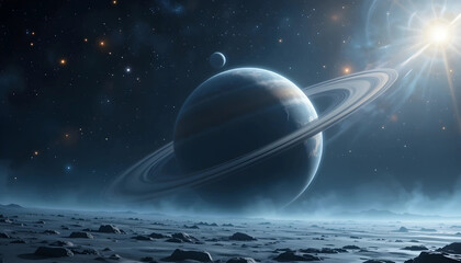 Mystical View of Saturn from a Barren Moon, a Sci-Fi Space Landscape with Rings, a Starry Nebula and Sun Flare for Futuristic Backgrounds and Digital Art