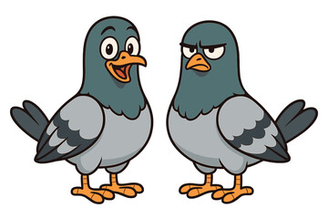 Two Cartoon Pigeons Side by Side with Distinct Facial Expressions, Vector Illustration, Funny Birds with Happy and Angry Emotions, Wildlife Characters, Animal Mascots, Transparent Background