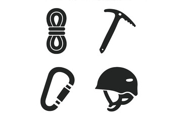 Alpinism and rock climbing equipment icon set. Solid vector illustration of essential mountain gear: rope, ice axe, carabiner, helmet. Adventure, safety, outdoor sport concept.